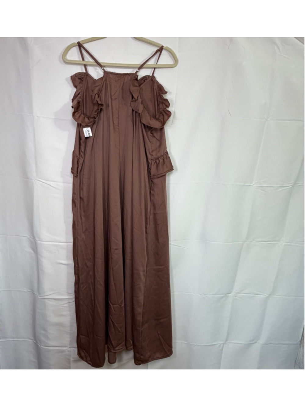 NWT Old Navy Ruffled Satin Boho Maxi Dress Warm Taupe Brown Size L - Picture 2 of 8